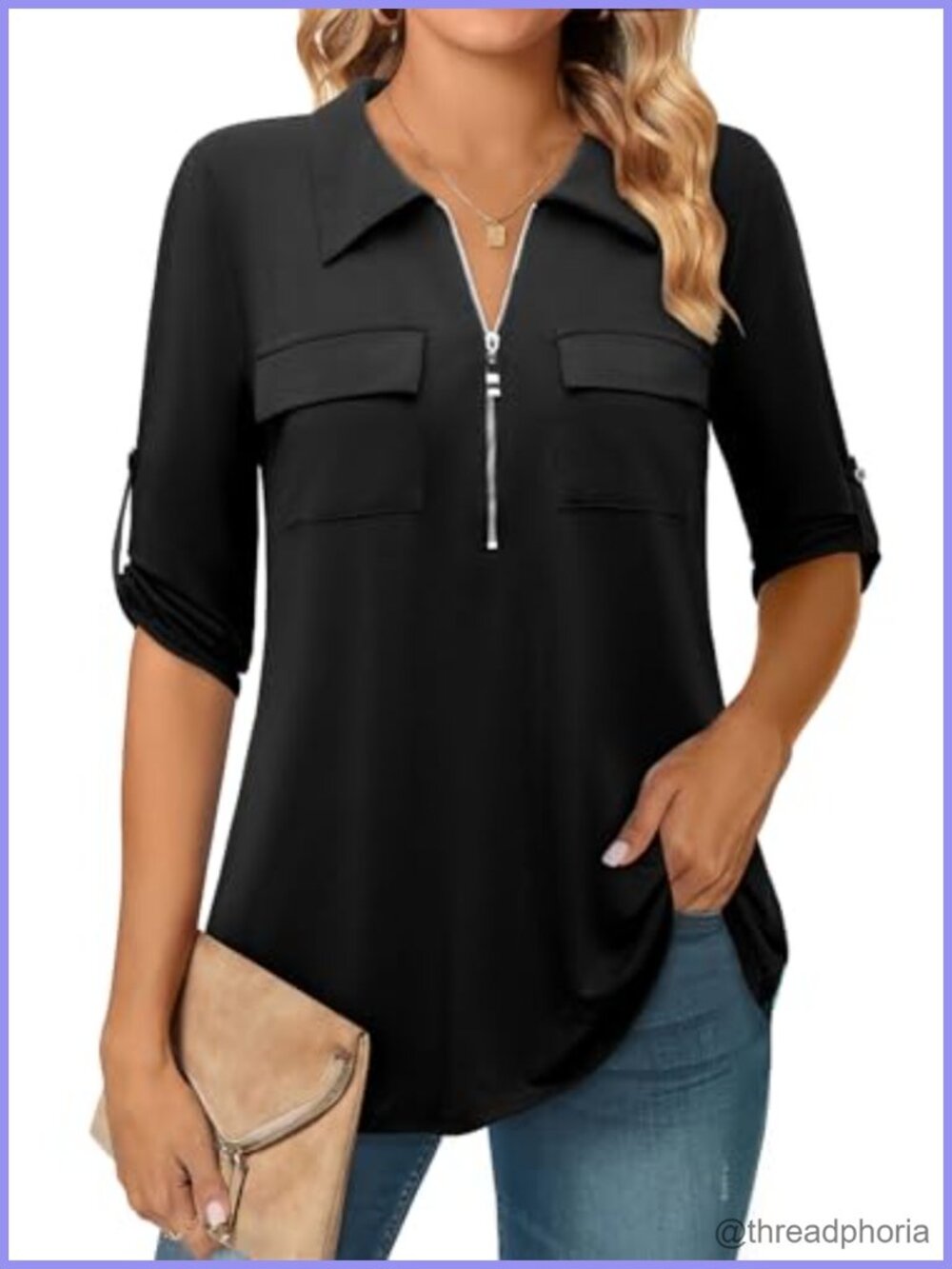 Women's 3/4 Sleeve Collared Blouse Zip Front V Neck Loose Fit Tunic Business